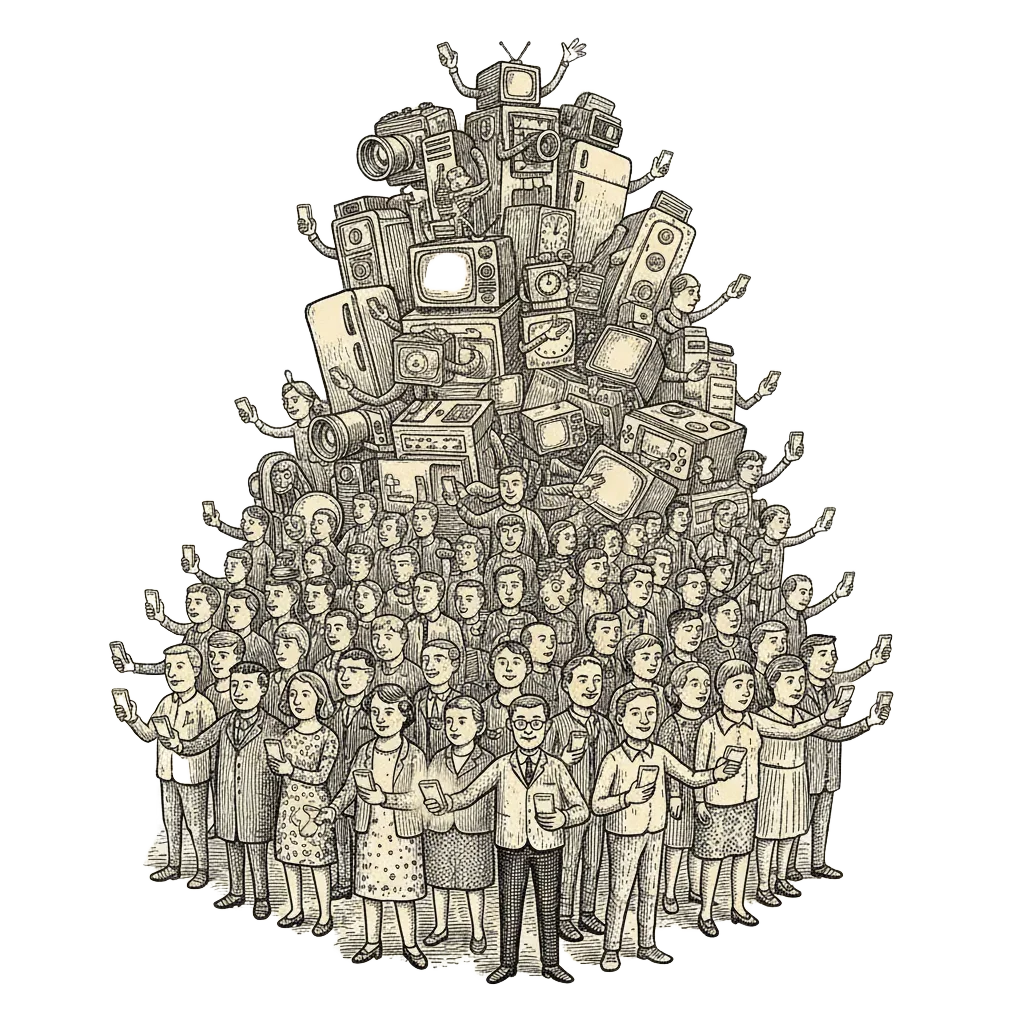 A vast crowd of people where only every second person holds a glowing address tag, while a mountain of gadgets behind them reaches out with empty hands
