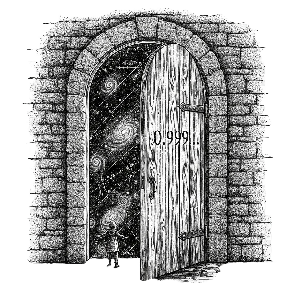A small humble door in a stone wall marked 0.999… opening onto a vast starry landscape of infinite number lines and spirals, a single curious figure standing on the threshold