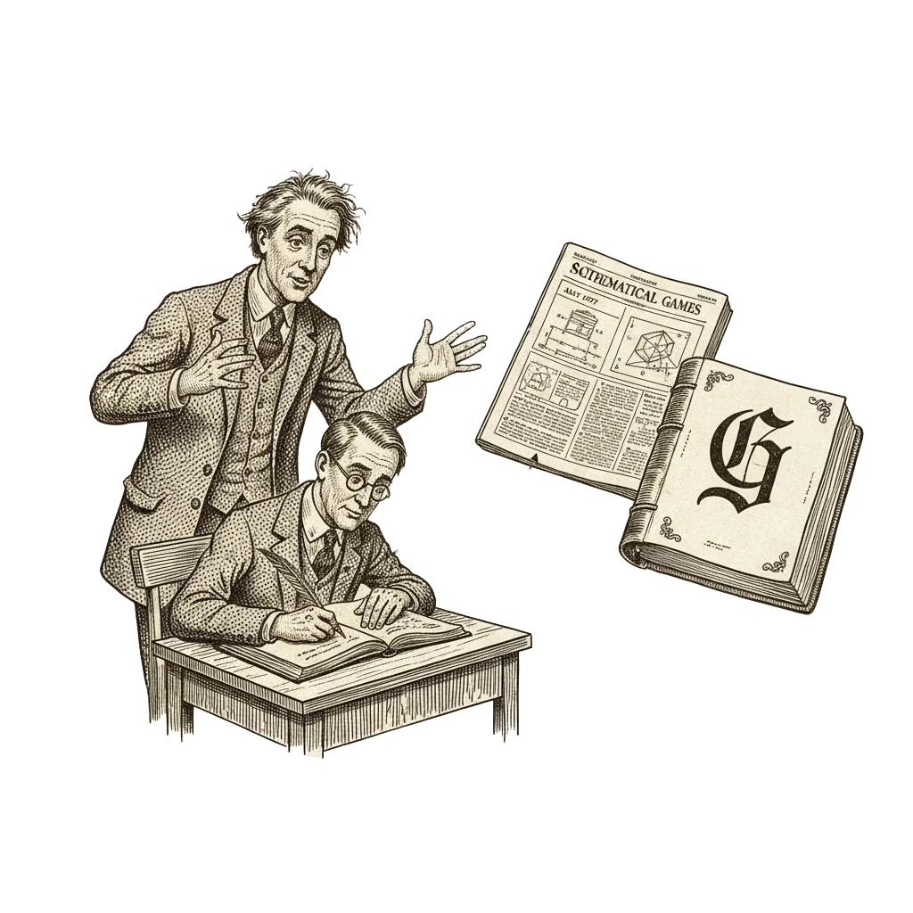 Ink illustration of Graham explaining to a note-taking Gardner, with a 1977 magazine page and a thick record book open to a giant G