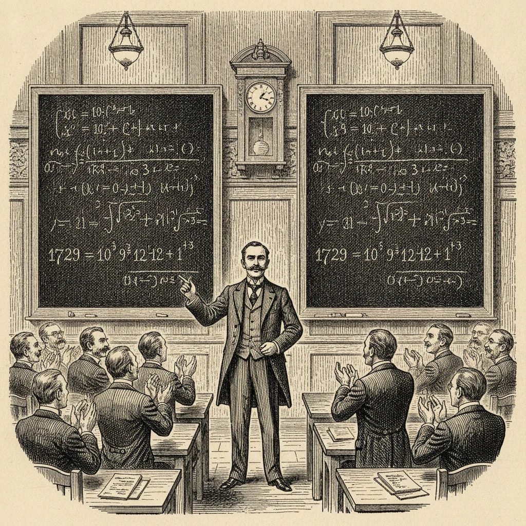A dramatic 1903 lecture hall with two tall blackboards covered in arithmetic, a mustachioed man setting down his chalk, and rows of mathematicians beginning to applaud