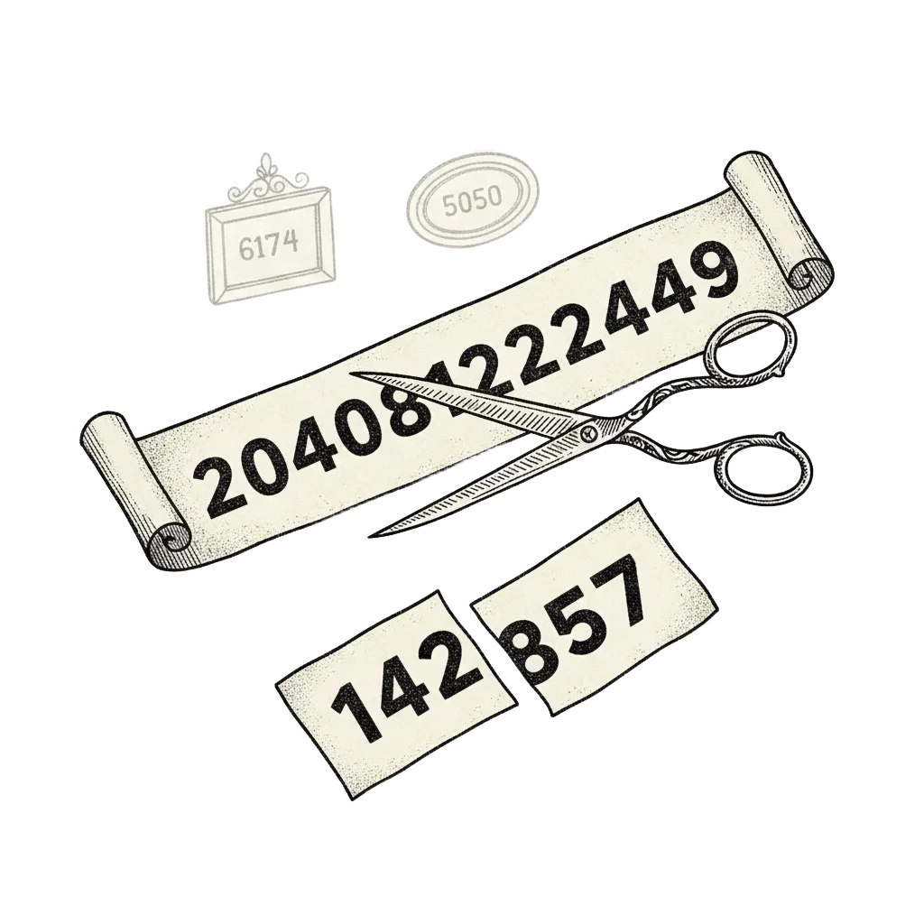 A strip of paper reading 20408122449 cut by scissors into 20408 and 122449, the pieces sliding together to form 142857, with small framed portraits of 6174 and 5050 on a gallery wall behind