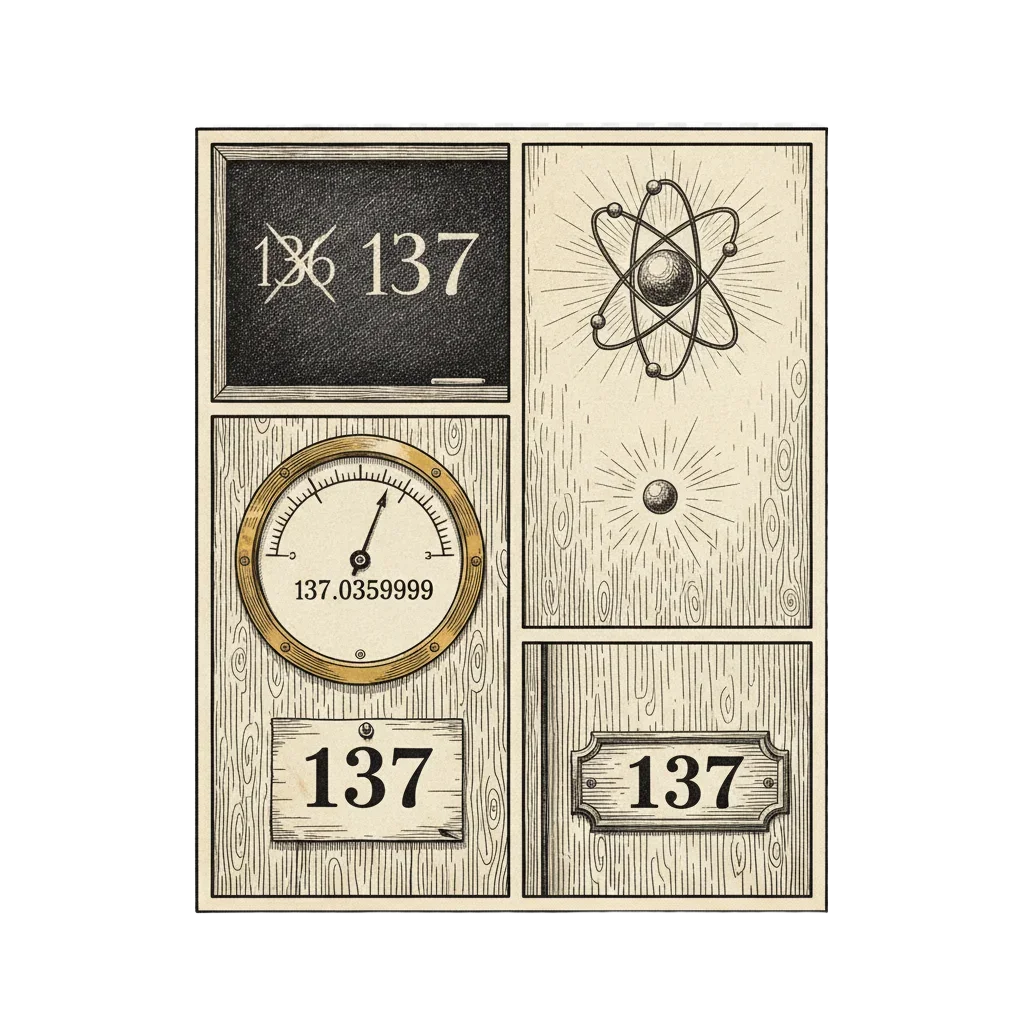 A final illustrated panel combining the chalkboard with 136 crossed out, the glowing atom, the brass dial, Feynman's card and the hospital door marked 137