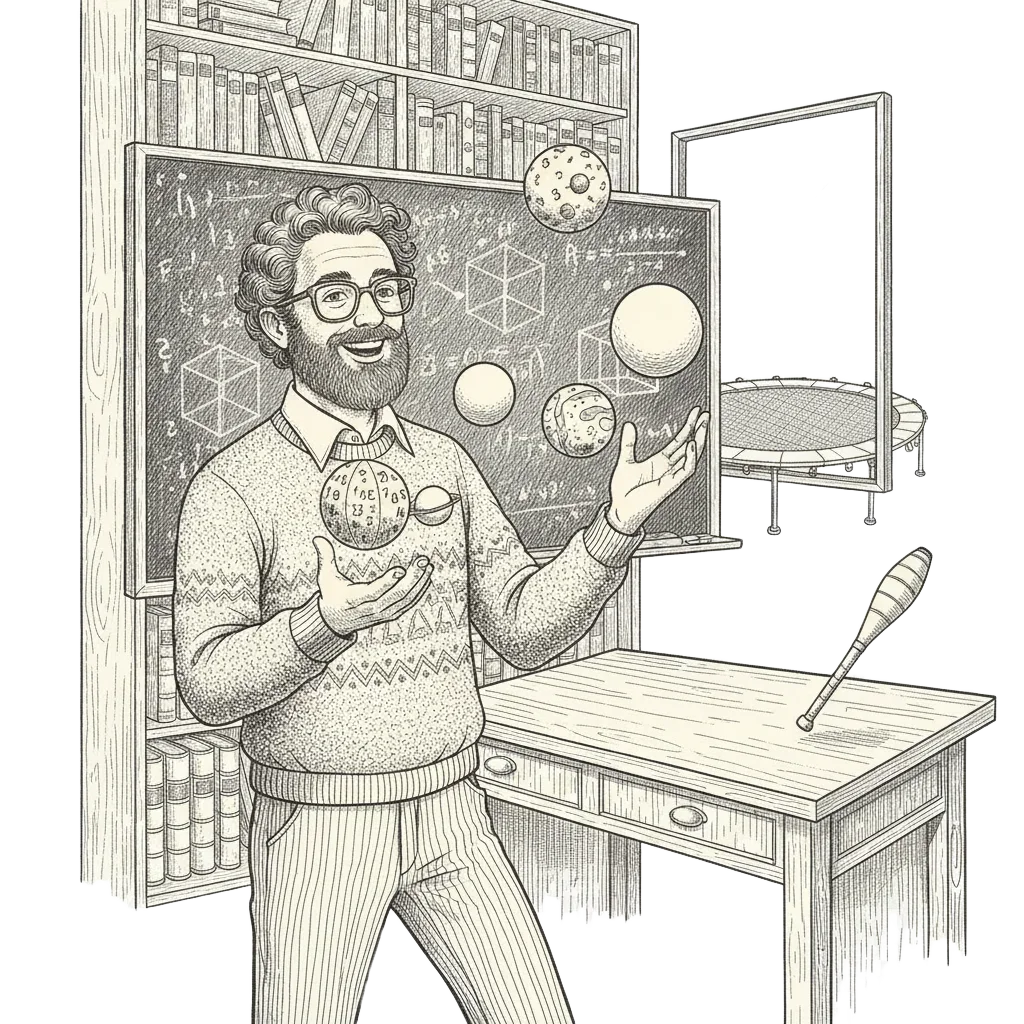 Ink illustration of Ron Graham juggling in a book-lined office with a blackboard of cube diagrams and a trampoline visible through the window