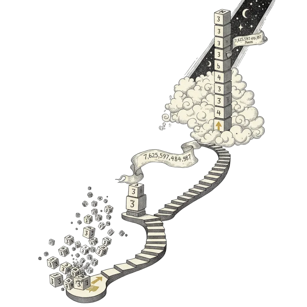 Playful staircase illustration with three steps: 27, then a tower to 7,625,597,484,987, then a tower rising into space, golden arrows carved into each step
