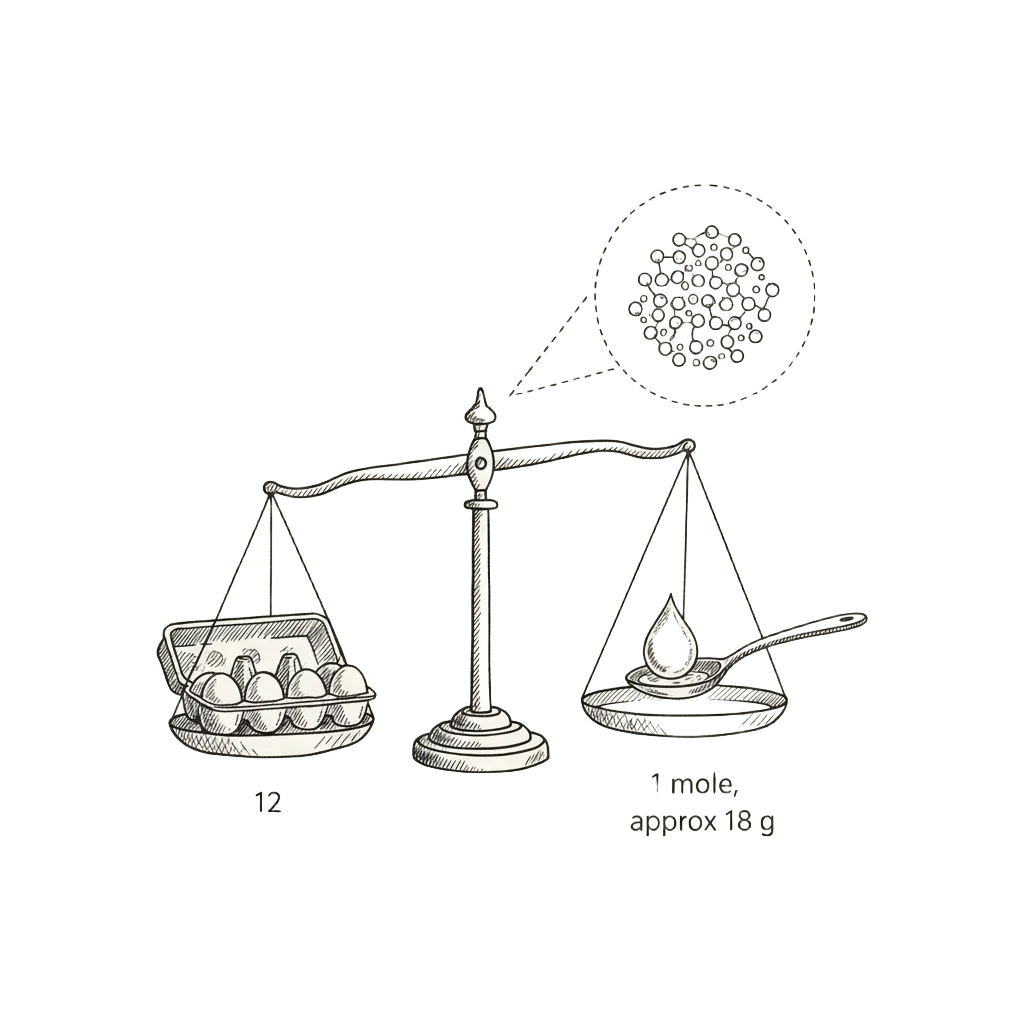 A carton of twelve eggs labelled 12, balanced on old scales against a small spoon of water labelled 1 mole approx 18g, with a magnified inset of countless molecules
