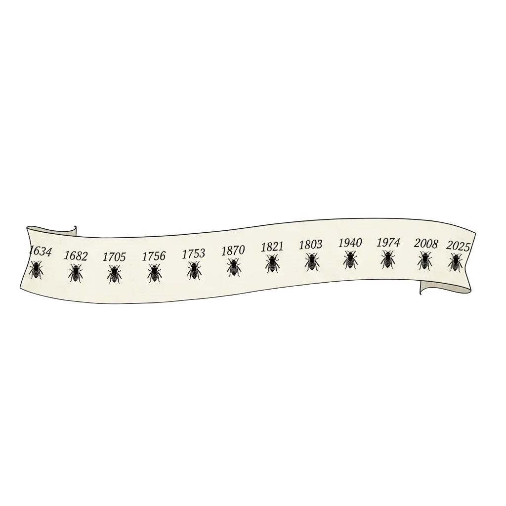 Timeline ribbon from 1634 to 2025 with a cicada icon appearing every 17 years