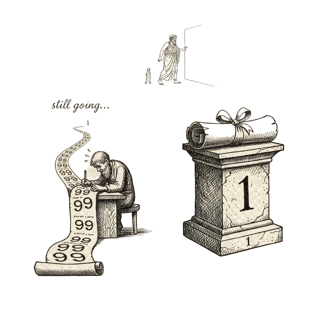 Split scene: left shows a tired figure writing endless nines on a scroll with 1 far away; right shows a finished scroll on a pedestal labelled 1; background shows a Greek philosopher pacing toward a wall in shrinking half-steps