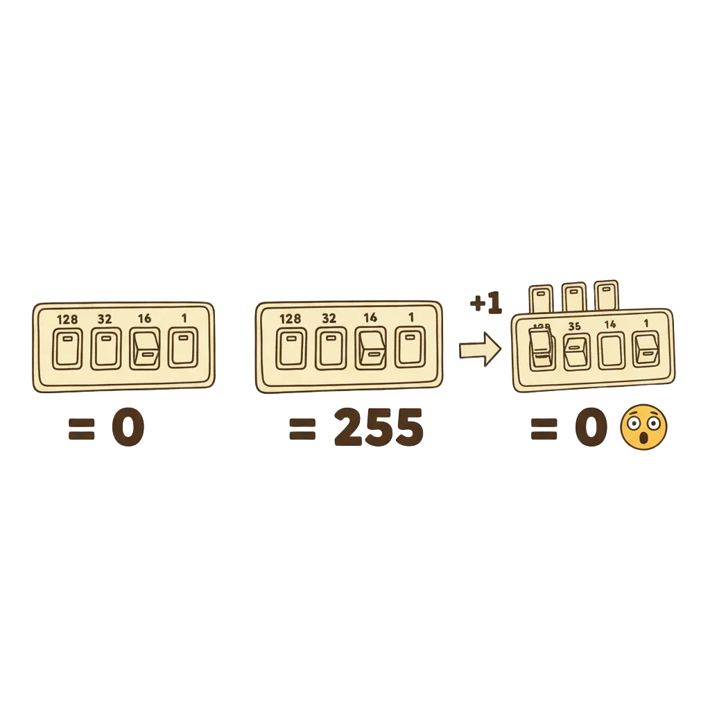 Eight chunky light switches labelled 128, 64, 32, 16, 8, 4, 2, 1 shown in three states: all off equals 0, all on equals 255, then plus one makes all snap back to 0