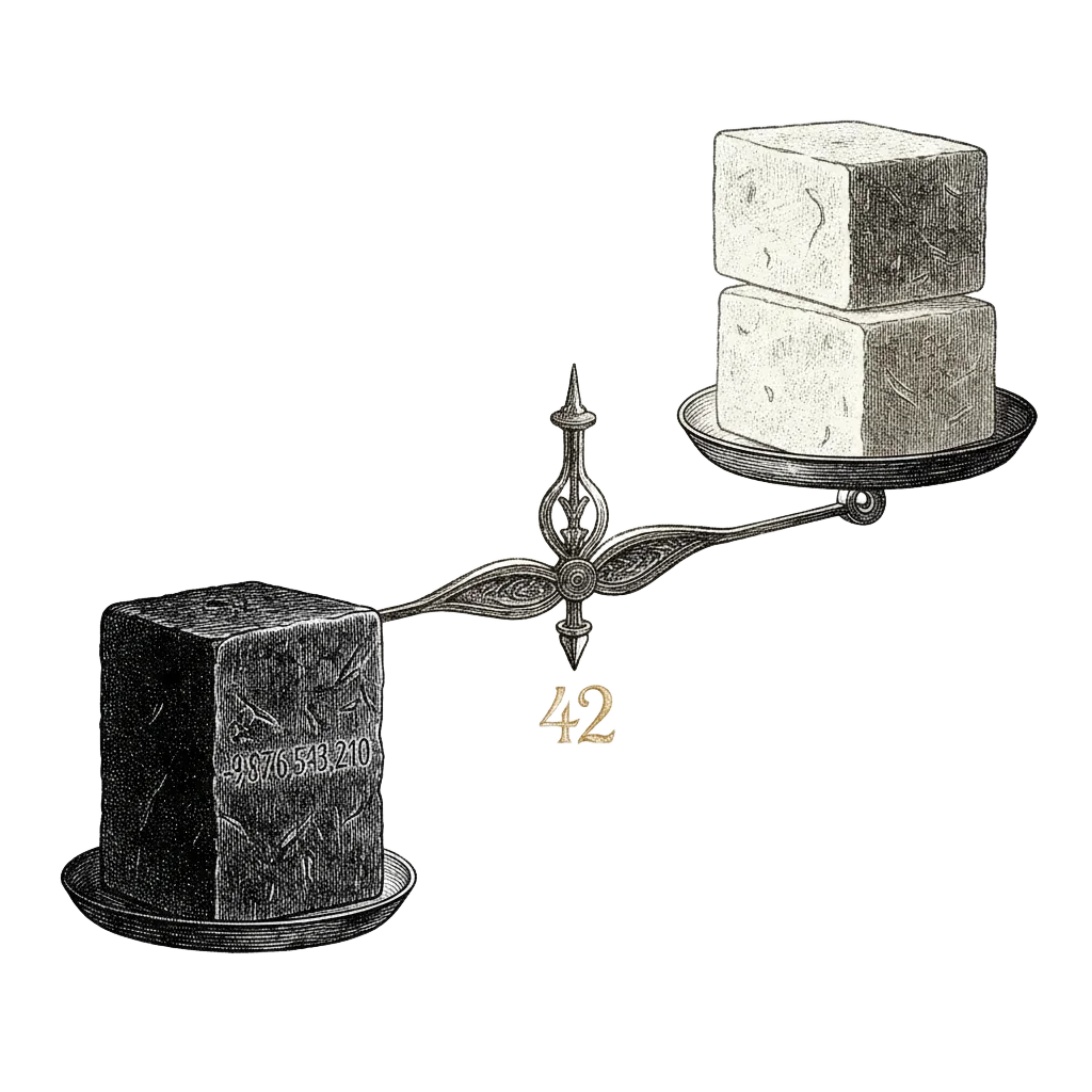 Dramatic ink illustration of cosmic balance scales, a colossal dark block on one side, two colossal bright blocks on the other, the tiny difference glowing as 42