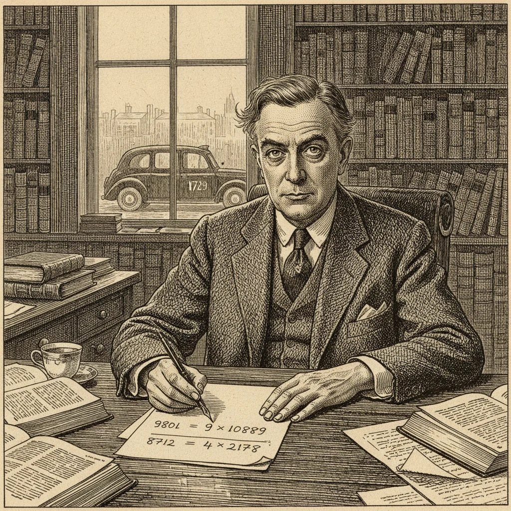 G. H. Hardy in a 1940s study, fountain pen raised, a slightly dismissive eyebrow, 9801 equals 9 times 1089 written on the page before him, a vintage taxi with 1729 visible through the window behind