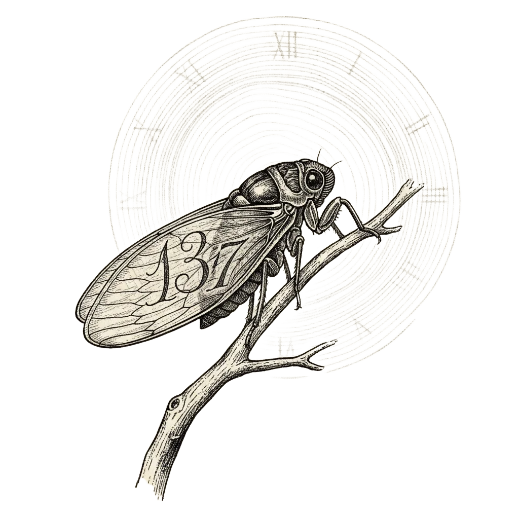 A single adult cicada resting on a twig in soft evening light, its wing veins subtly forming the digits 13 and 17, with a faint clock-like ring of tree rings in the background