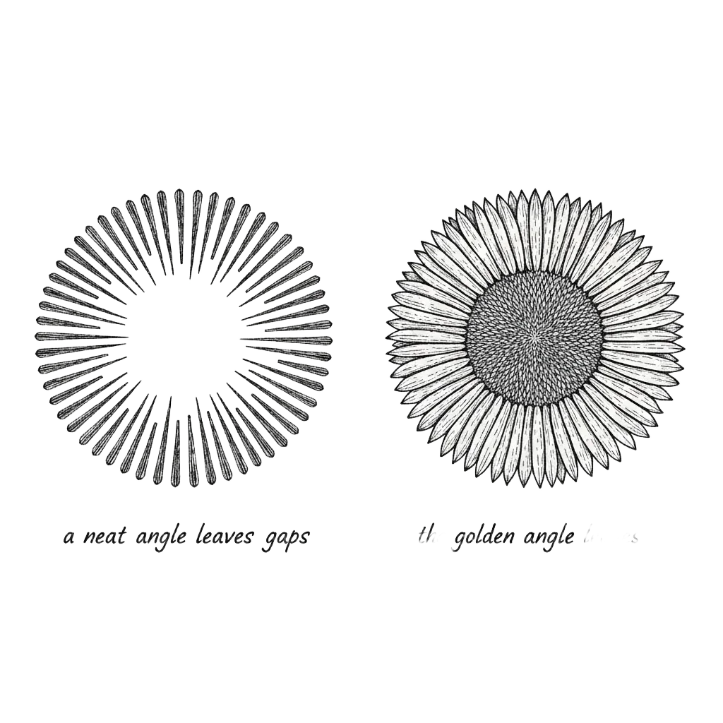 Two panels: on the left, seeds placed by a neat angle forming straight spokes with empty gaps; on the right, seeds placed by the golden angle filling space evenly with no gaps. Labels: a neat angle leaves gaps, the golden angle leaves none.