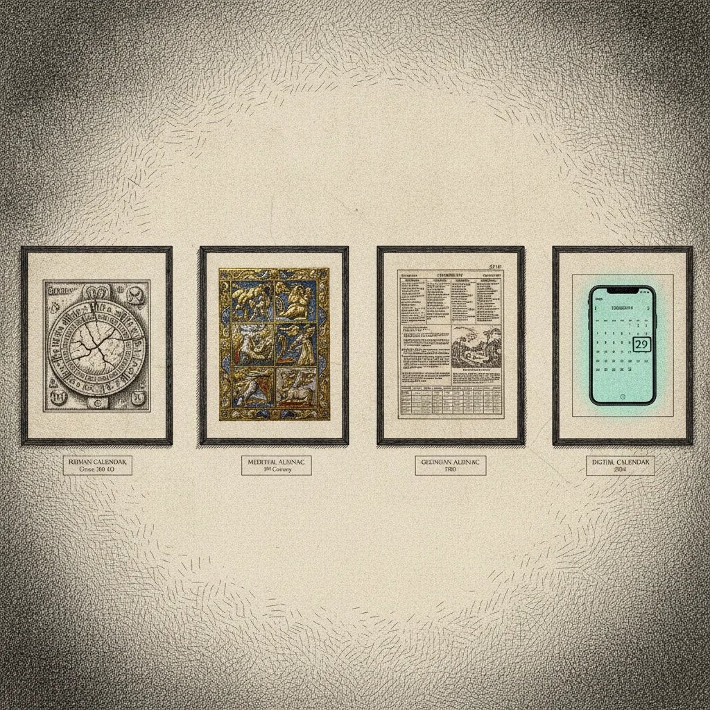A museum gallery wall with four calendars hung in a row: a Roman stone calendar, a medieval illuminated page, an 18th-century almanac, and a modern phone showing a February 29th softly highlighted