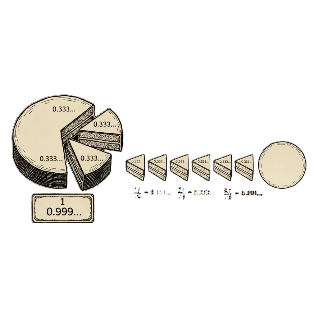 A round cake cut into three slices each labelled 0.333…, the slices sliding back together into a whole cake labelled 1 with 0.999… underneath, plus a row of nine cake slices labelled 1/9 through 8/9
