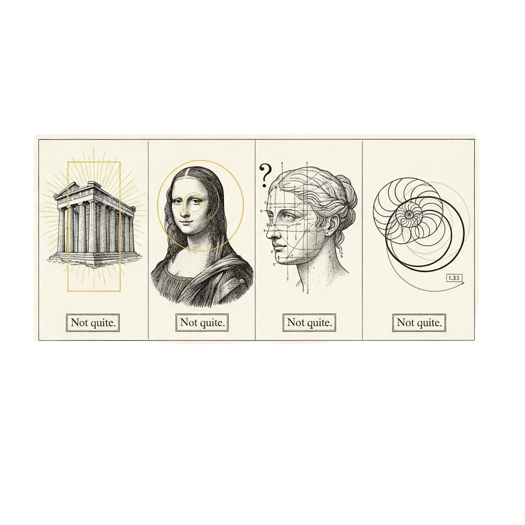 Four panels: the Parthenon with a golden rectangle not fitting; a Mona Lisa portrait with a spiral fitting just as well on an ordinary face; a face with measuring lines and a question mark; a nautilus shell with two spirals drifting apart. Each stamped Not quite.