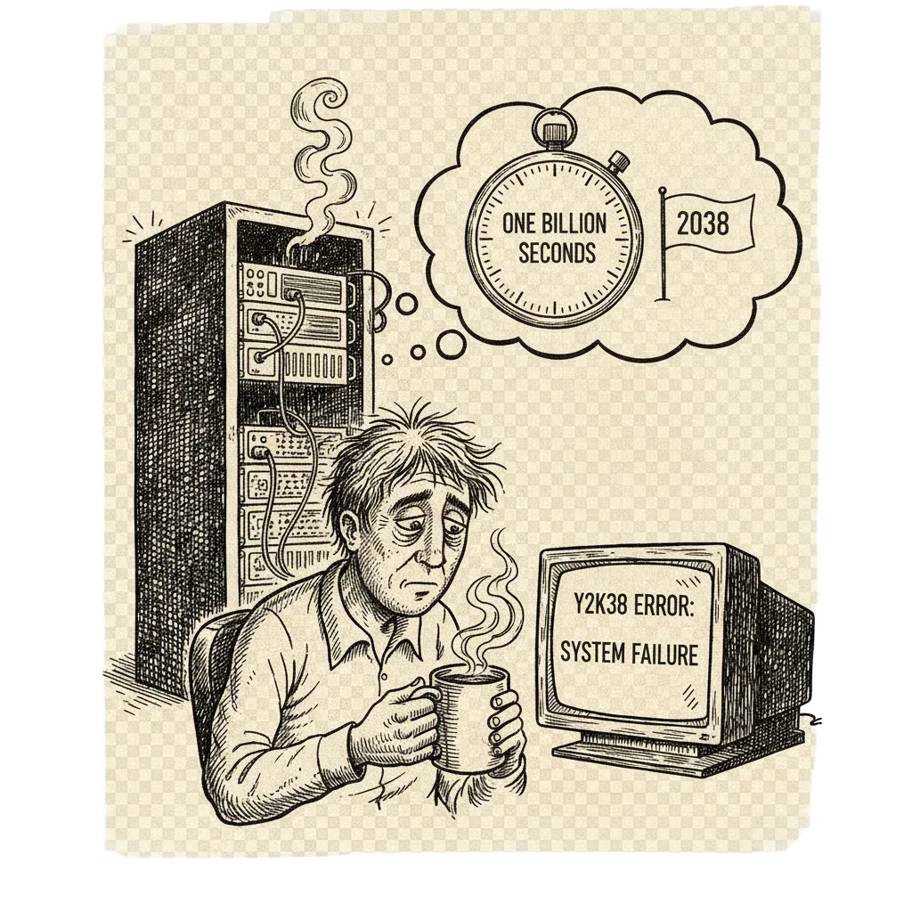 Ink illustration of a 2006 server room with one rack smoking, a thought bubble showing a stopwatch past a 2038 flag, and a tired engineer reading an error message