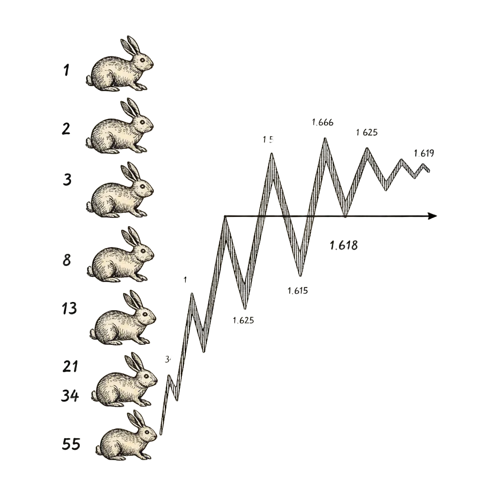 Fibonacci rabbit pairs multiplying downward labeled 1, 1, 2, 3, 5, 8, 13, and a zigzag line bouncing above and below 1.618, converging closer with each step