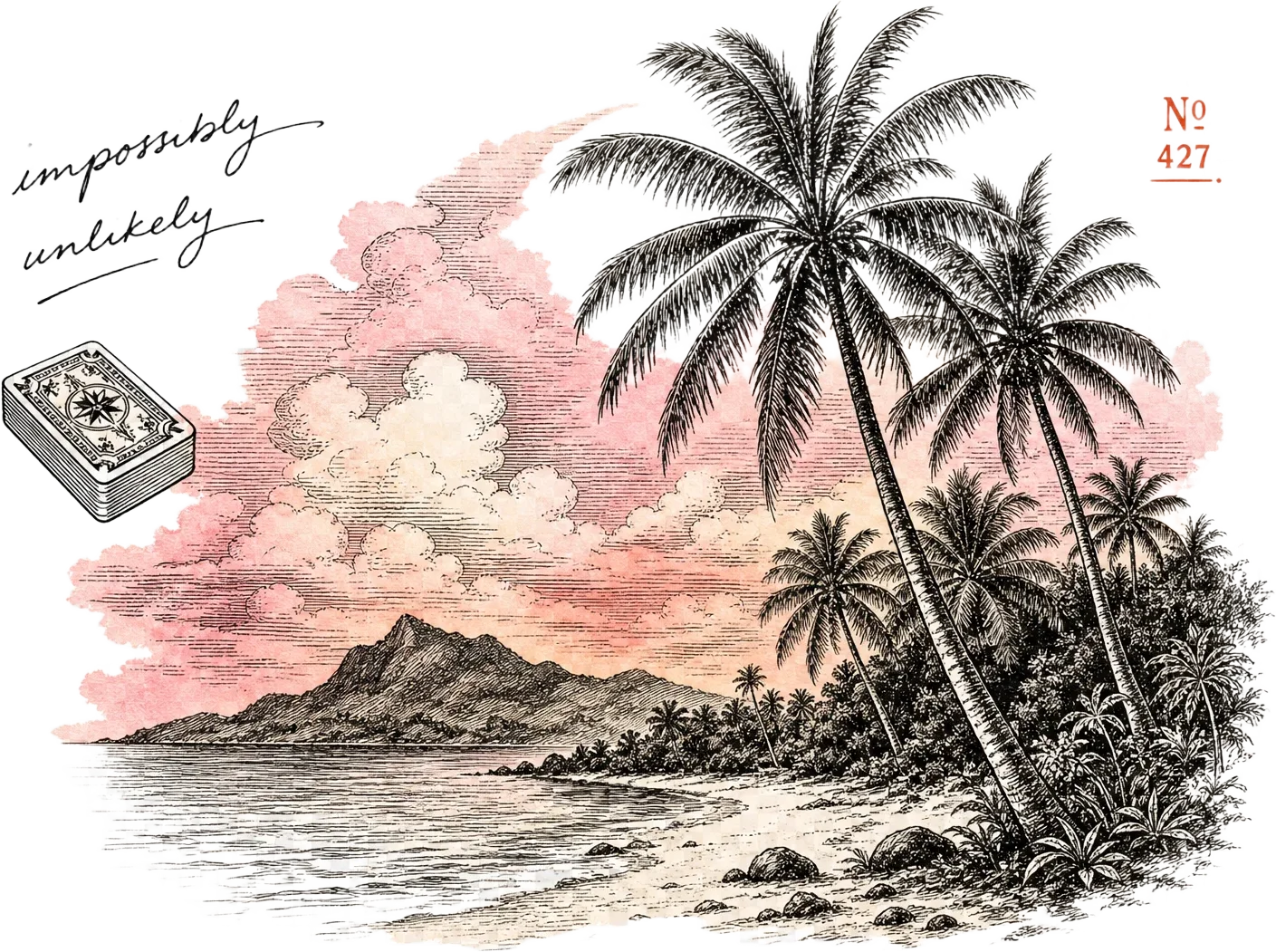Ink-etched island with palm trees, marginalia reading impossibly unlikely, red specimen marker