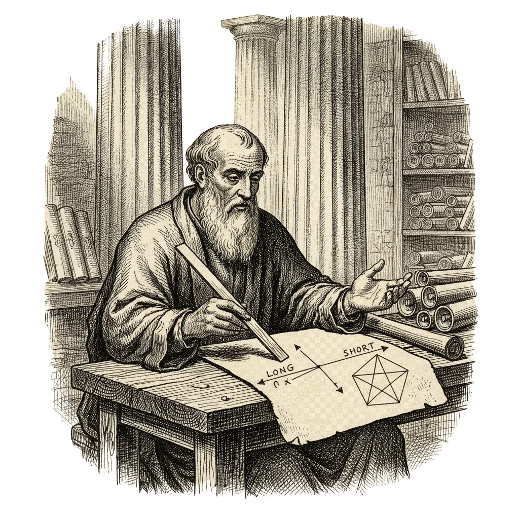 Euclid in his Alexandria workshop at a table with papyrus, a straightedge, a line cut into two segments, and a pentagon with a five-pointed star beside it