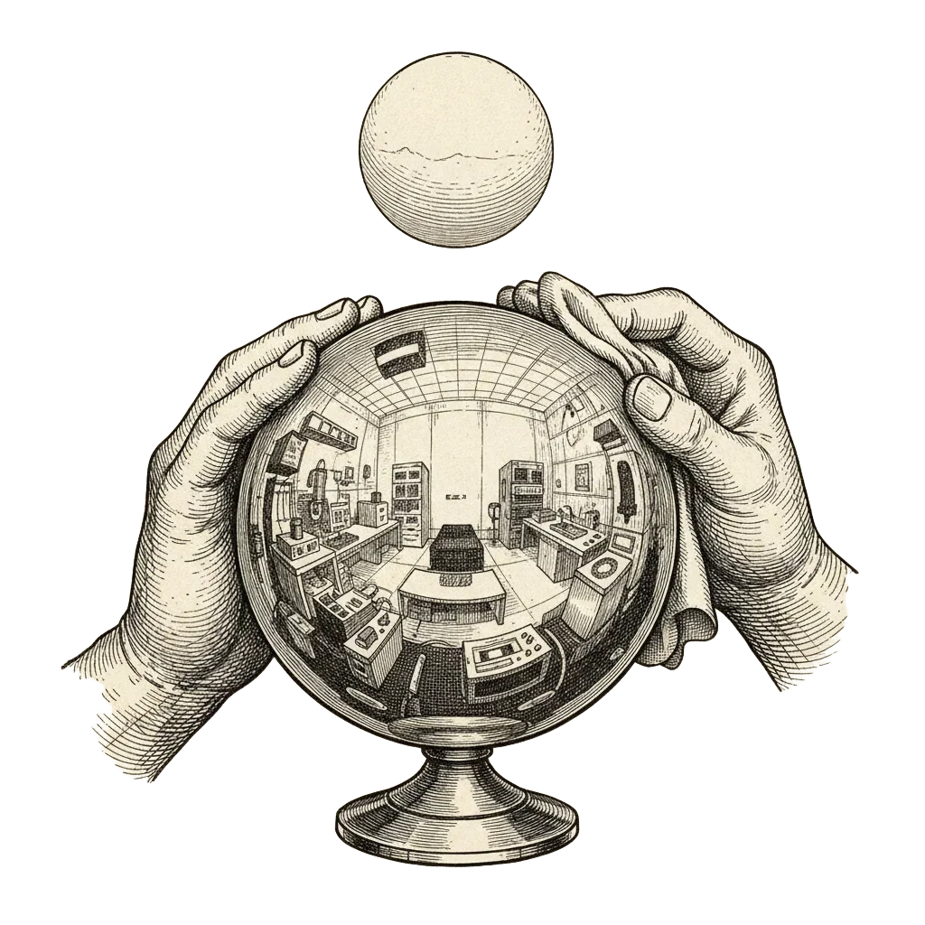 A flawless silicon sphere on a stand, held by careful hands, with a ghostly inset of the Earth shown almost perfectly smooth