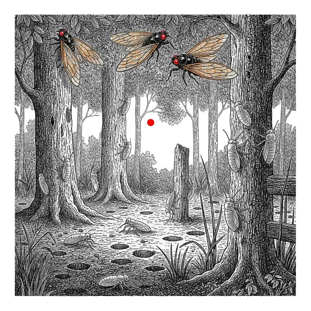 Dusk illustration of a North American forest floor with hundreds of holes, pale cicada nymphs climbing tree trunks, and red-eyed adults in the branches above
