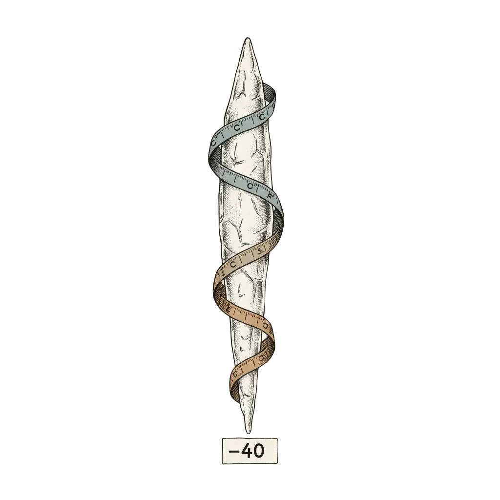 A single icicle in clear winter light with two measuring tapes, one marked °C and one °F, curling around it and meeting at the same −40 mark