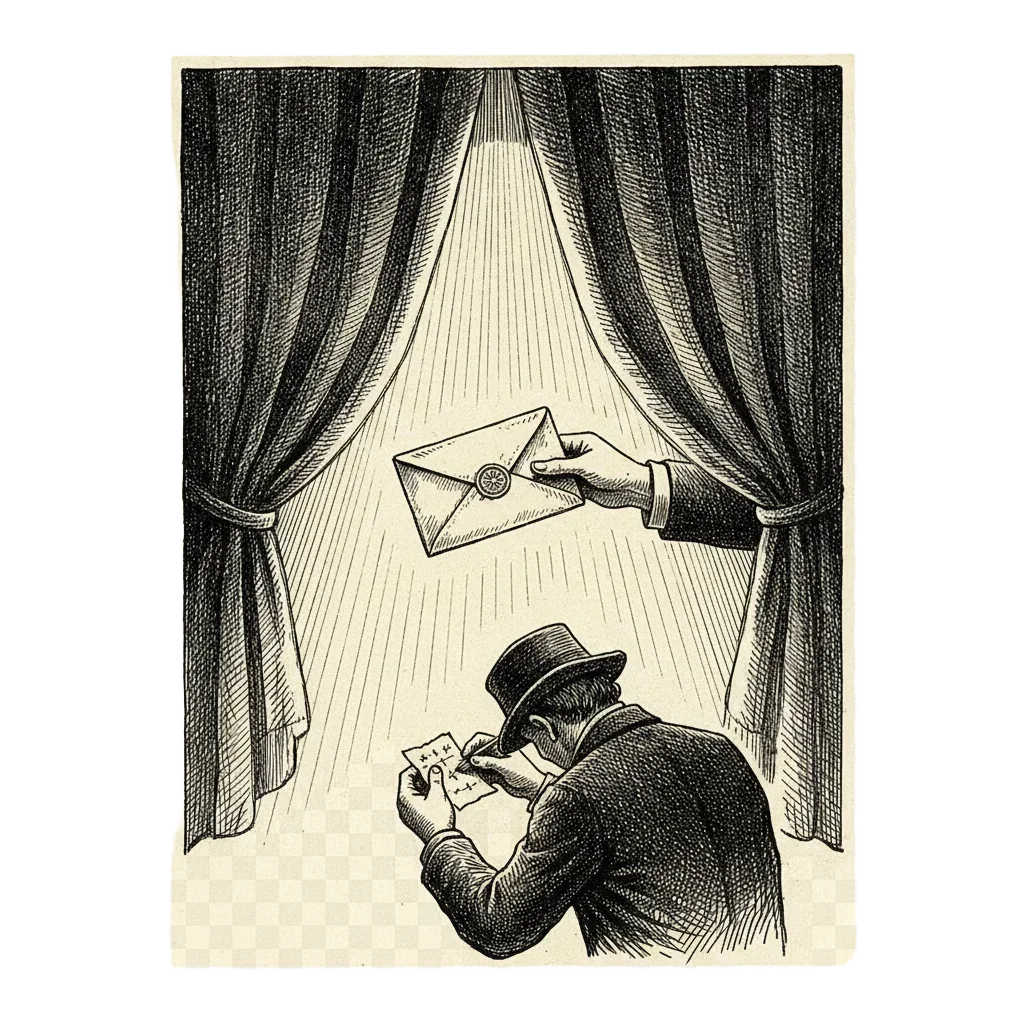A magician's gloved hand holds a sealed envelope under a spotlight while an audience member hunches over a scrap of arithmetic