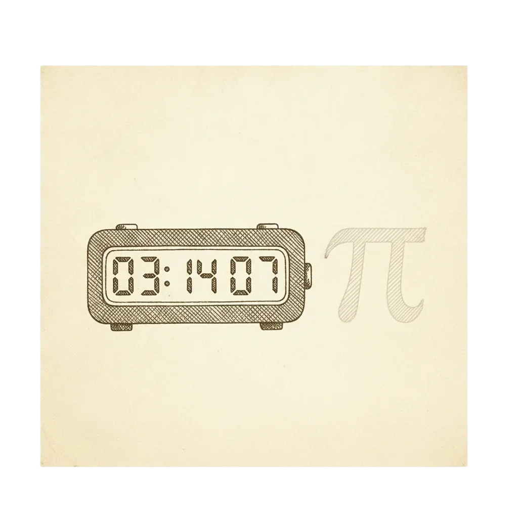 Ink illustration of a digital clock reading 03:14:07 softly echoing the pi symbol