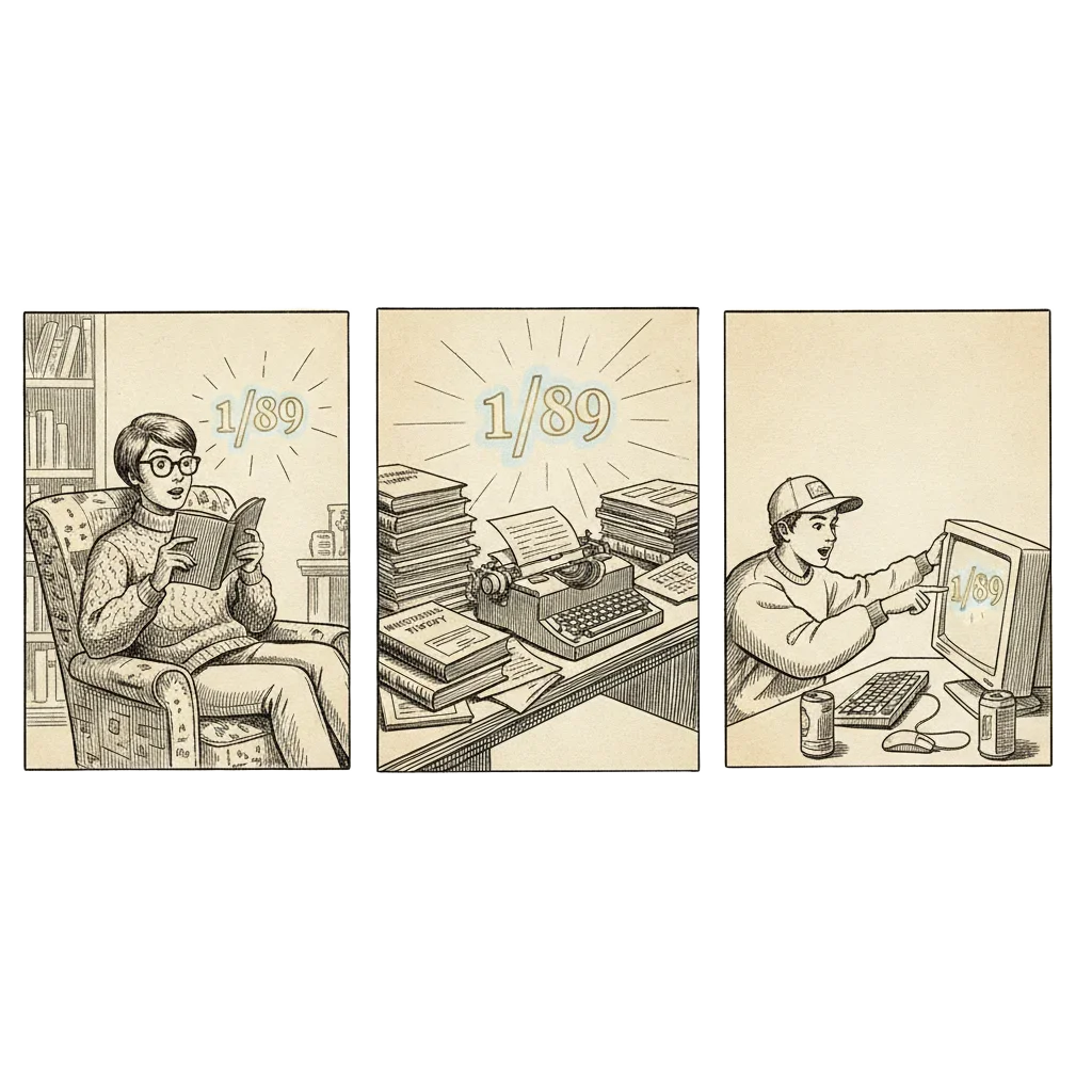 Three panels showing the same discovery: 1960s reader in armchair, 1980s academic desk, 1990s student at a computer - each with 1/89 glowing nearby