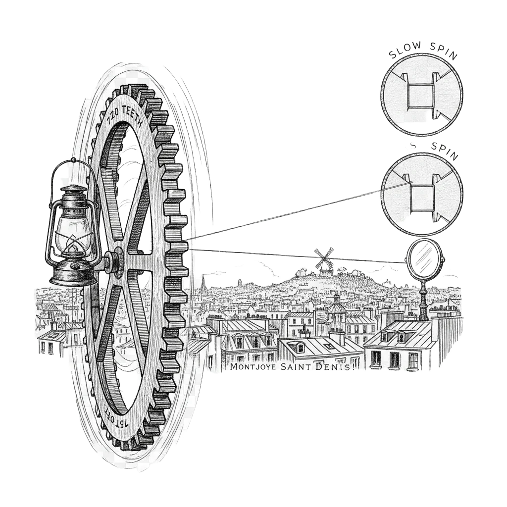 Fizeau's spinning toothed wheel with a lantern shining through a gap, a beam stretching across Paris rooftops to a mirror on Montmartre