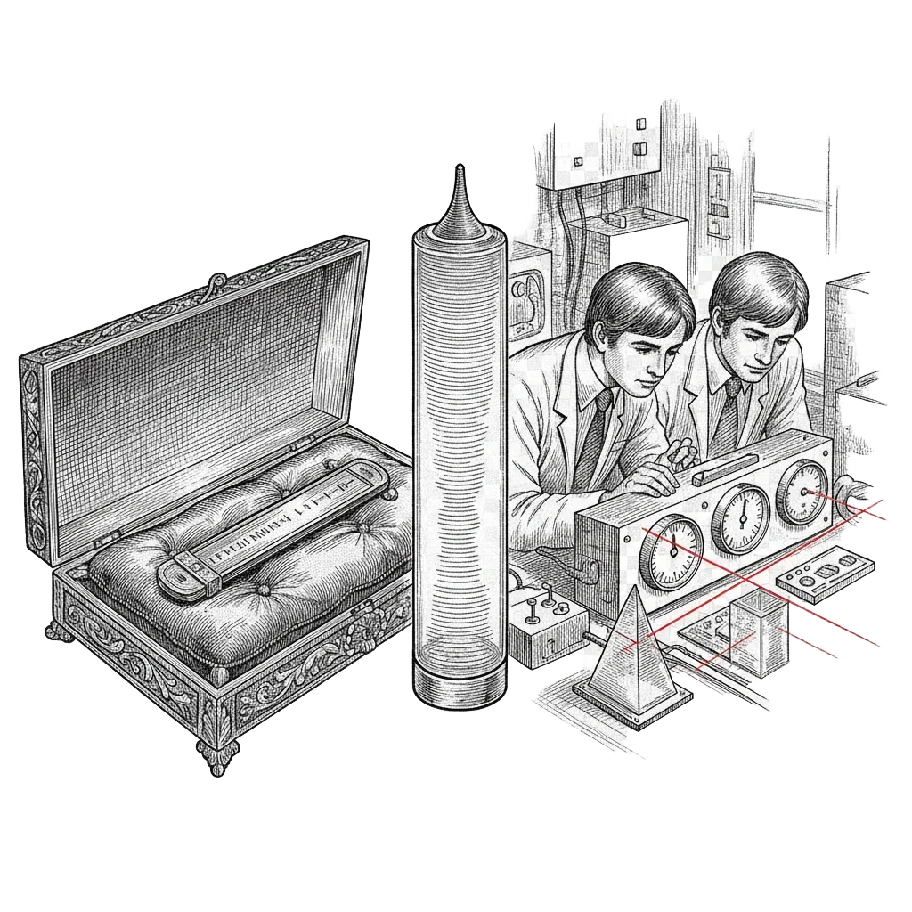 Split illustration: an old platinum metre bar in a vault, a glowing krypton tube, and a 1970s lab with a red laser beam and scientists reading precision dials