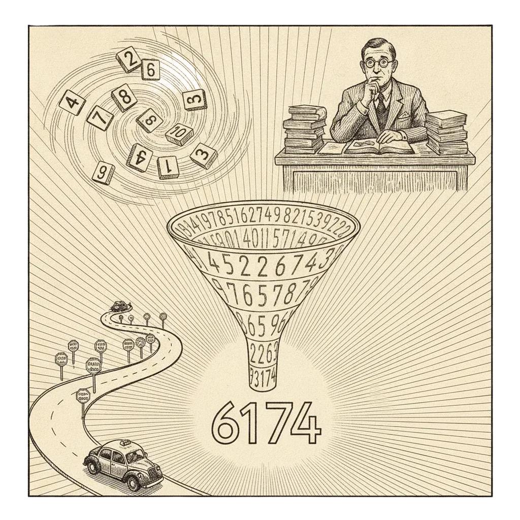 Recap illustration combining digit tiles rearranging, Kaprekar at his desk, the funnel narrowing to 6174, the 1729 taxi on its seven-step road, and 6174 glowing at the centre