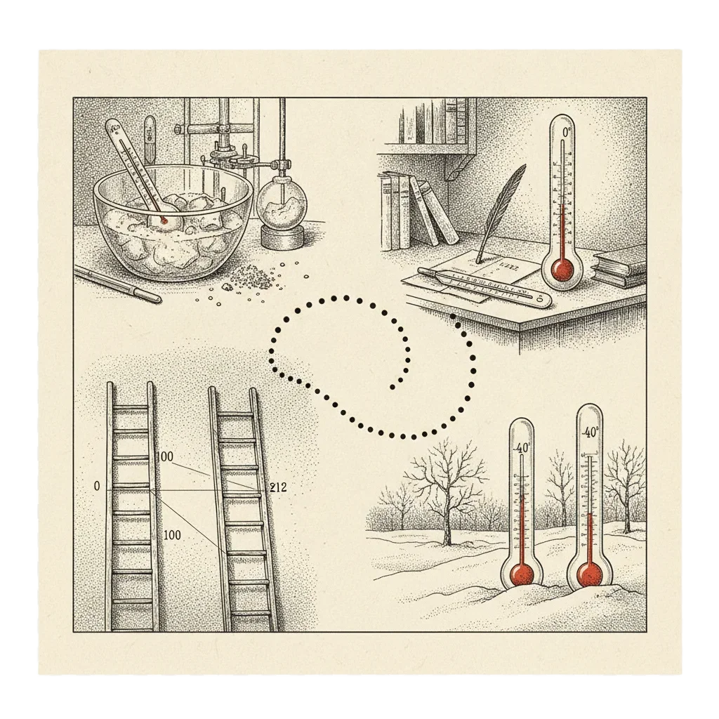 A composite illustration combining Fahrenheit's workshop, Celsius's upside-down thermometer, the two ladders on a wall, and the two thermometers in Siberian snow, all connected by a dotted curving path