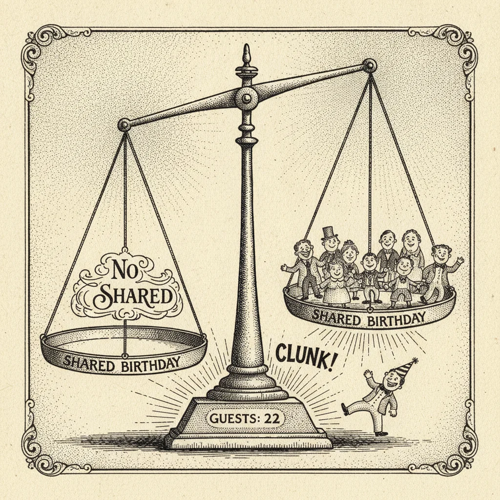 Ink illustration of a see-saw balance scale. One side labeled no shared birthday, the other shared birthday. At 22 guests it is almost level, at 23 it tips toward shared birthday.