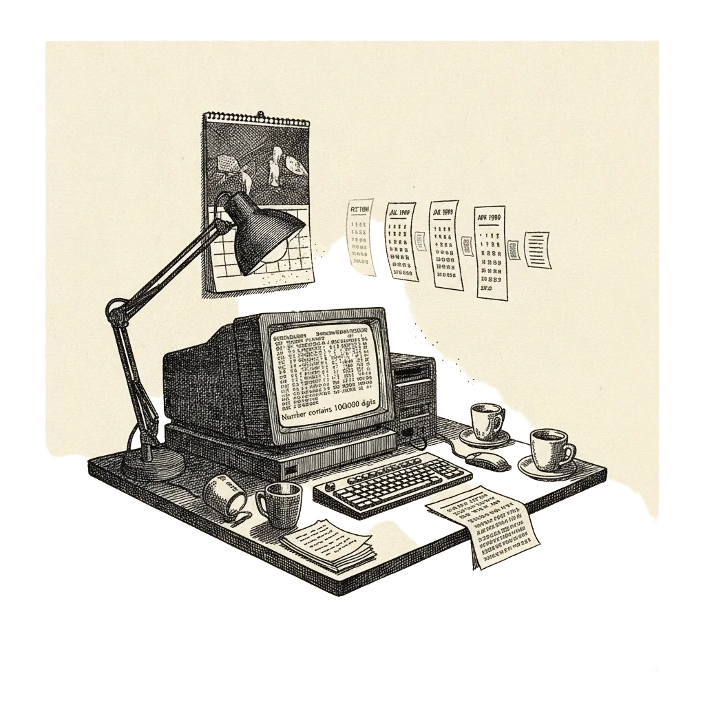 Late 1980s office at night: a boxy Sun workstation glowing under a desk lamp, a wall calendar with months flying off, the screen showing the final message about one million digits