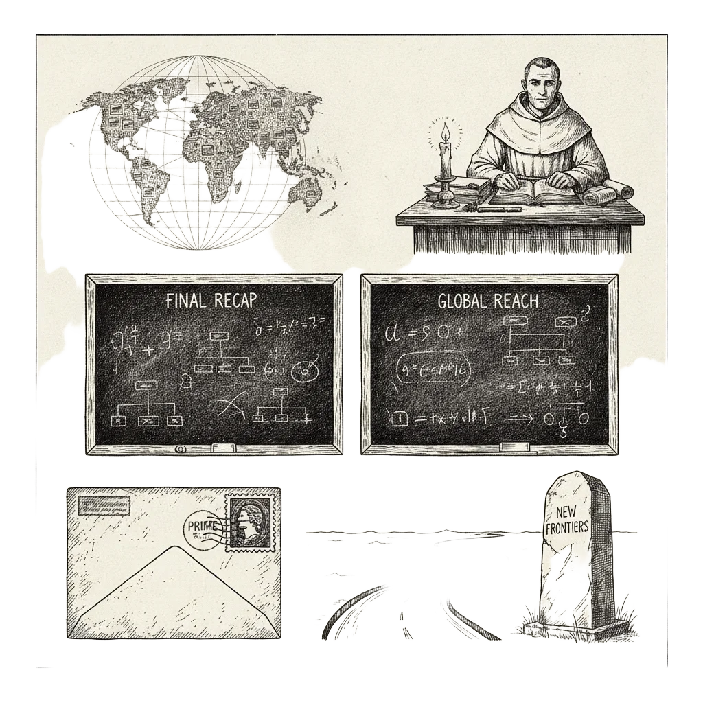 A final illustrated panel combining the world map of data centres, Mersenne at his candlelit desk, Cole's matching blackboards, the Illinois postage stamp, and the endless road with its newest milestone