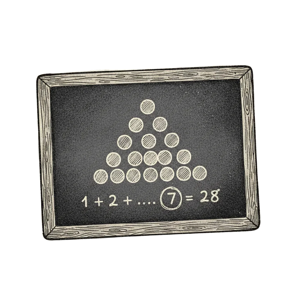 A slate showing a triangle of 28 dots with 1 plus 2 plus 7 equals 28 beneath it