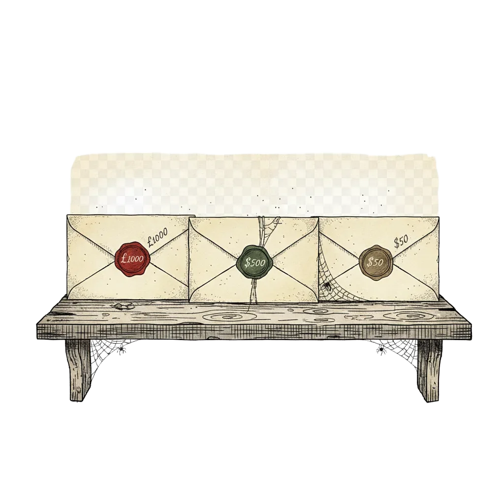 Three old envelopes labelled with prize amounts gathering dust on a shelf