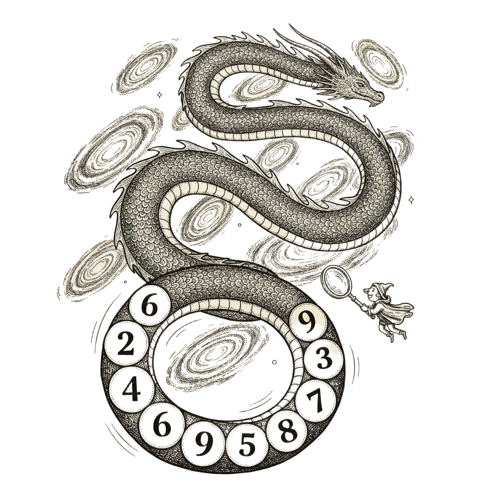 A dragon whose body winds through space with its head lost in the distance; its tail has ten visible scales labelled 2, 4, 6, 4, 1, 9, 5, 3, 8, 7; a small figure reads the digits with a magnifying glass