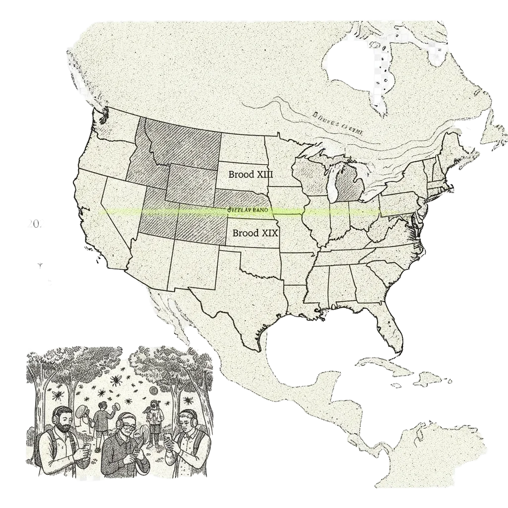 Map of the eastern United States showing Brood XIII in northern Illinois and Brood XIX across the south and Midwest, with a glowing overlap band in central Illinois. A margin timeline marks 1803, 2024, and 2245. Small crowds of people listen to cicadas in a park
