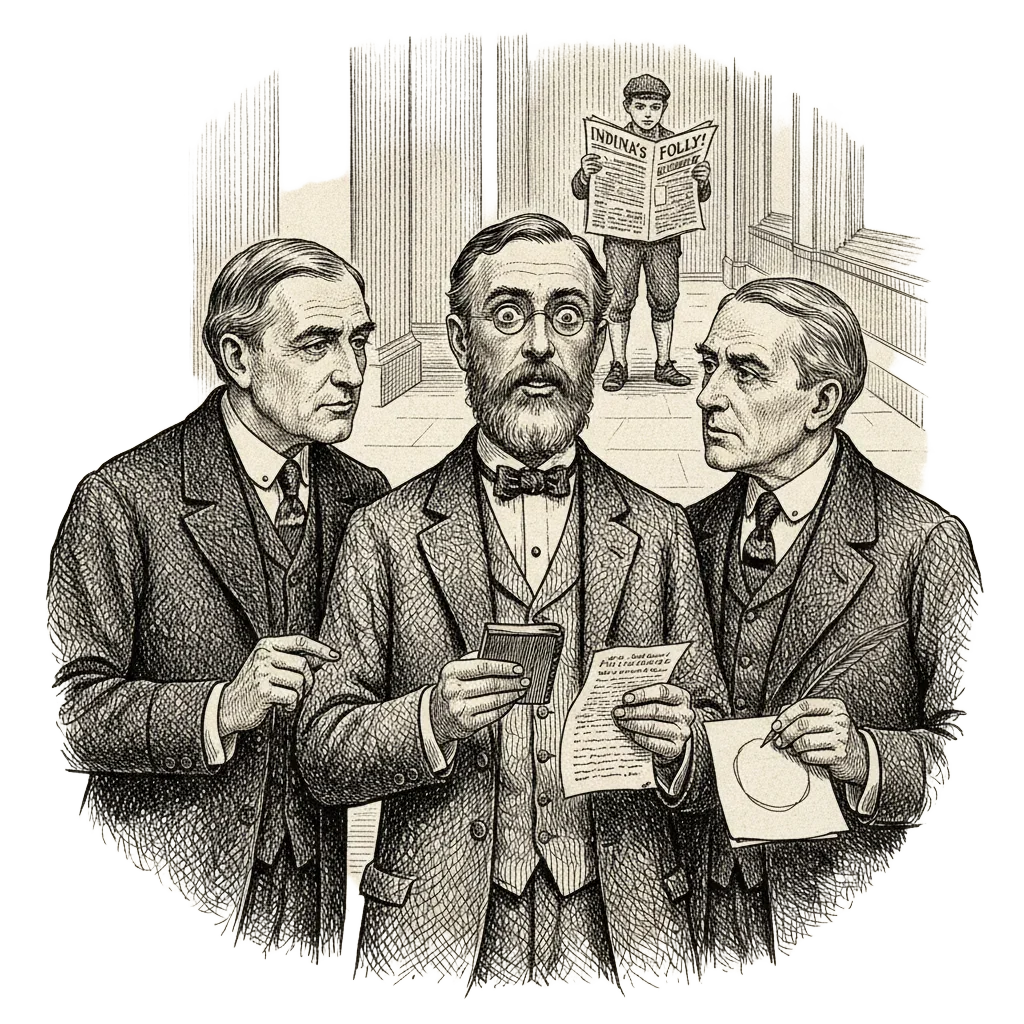 Ink narrative illustration of a grand 1890s legislative corridor: Professor Waldo in spectacles holding a notebook and looking at a bill in disbelief, two senators leaning in to listen, a newsboy with a mocking headline in the background