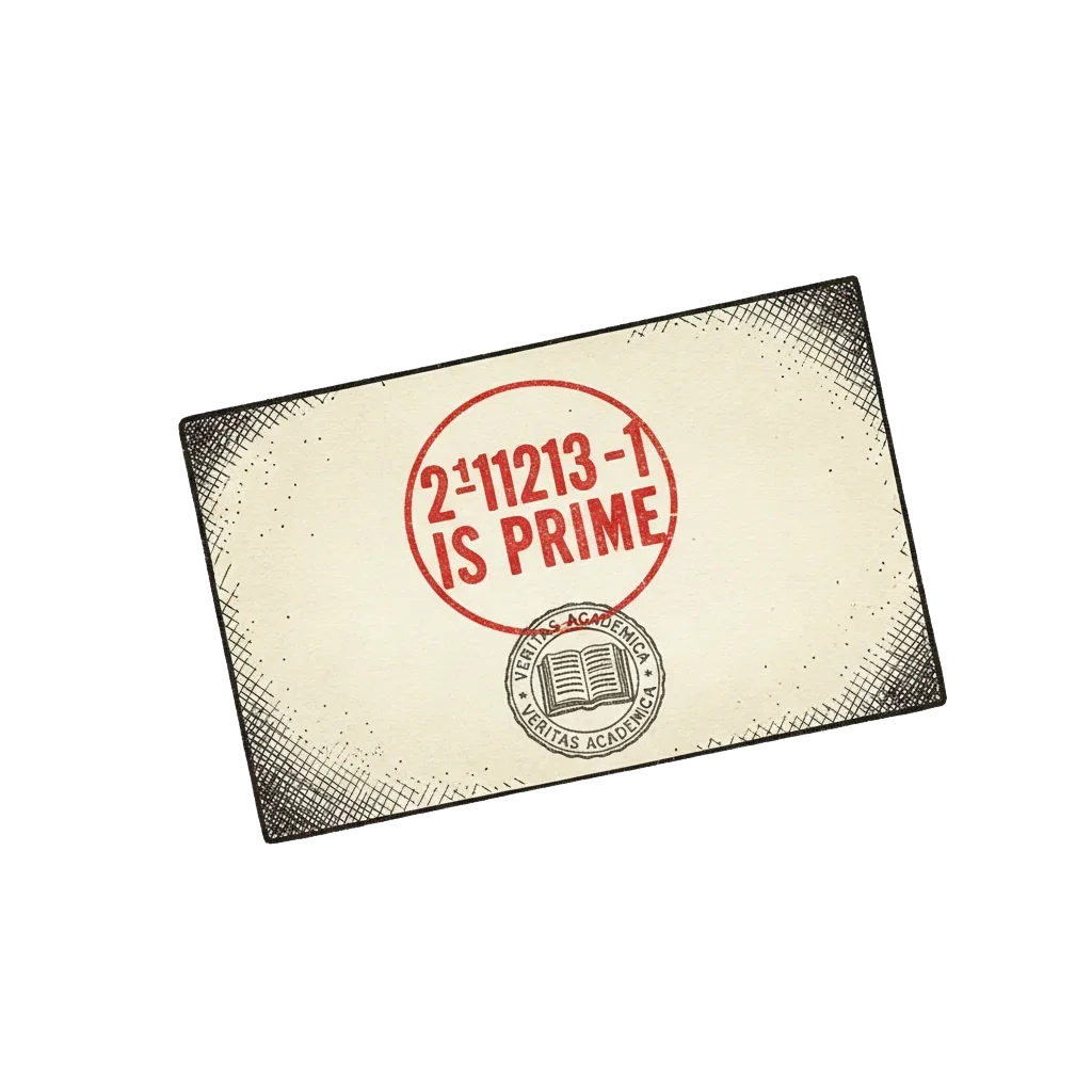 A 1960s envelope with a postage meter stamp reading 2 to the power 11213 minus 1 IS PRIME