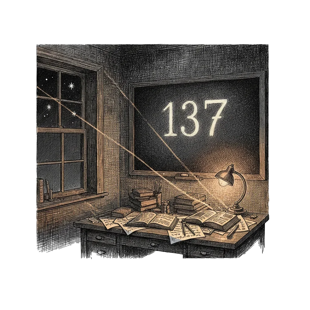 A dark physics study at night with 137 written in chalk on a blackboard, lamp light and starlight crossing the room