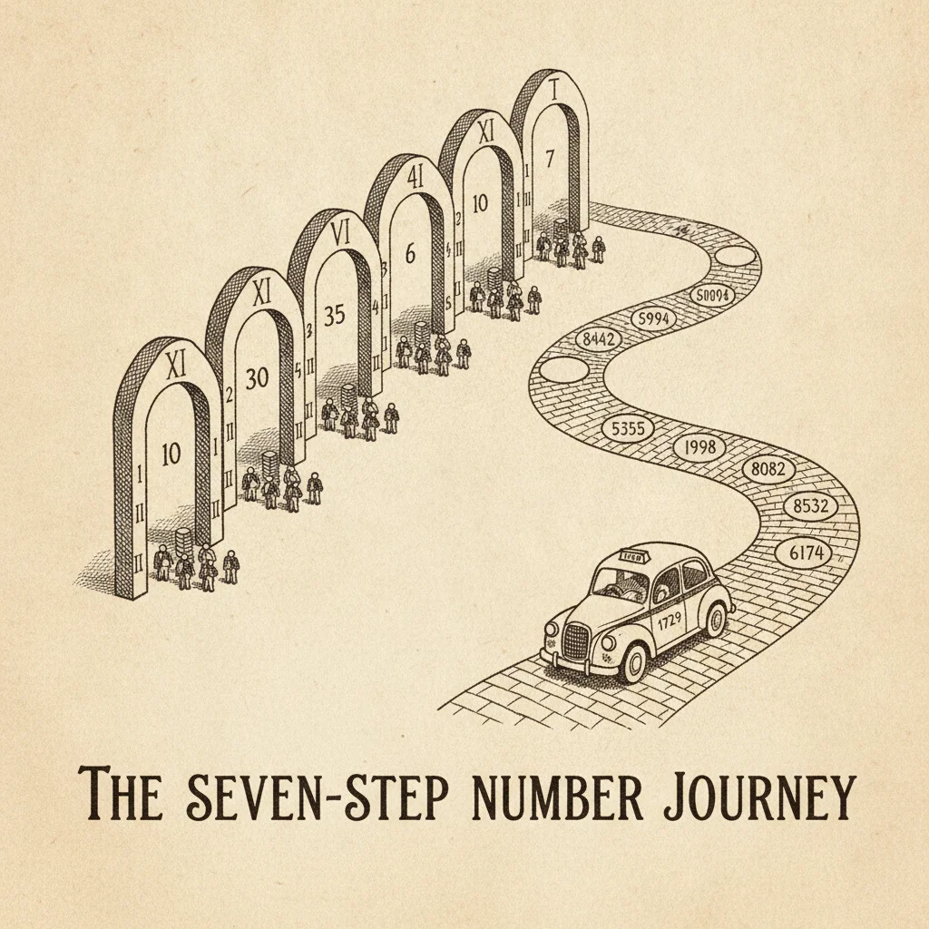 Illustrated chart of travellers at seven gates and a vintage taxi cab marked 1729 driving a seven-stop road to 6174