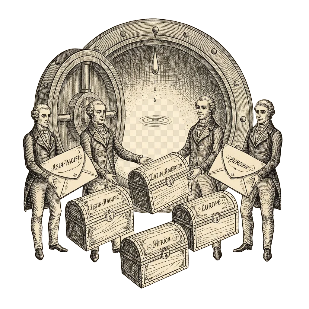 Five treasure chests labelled with world regions being handed to officials at a ceremony, an empty vault behind them with a single drip falling into it