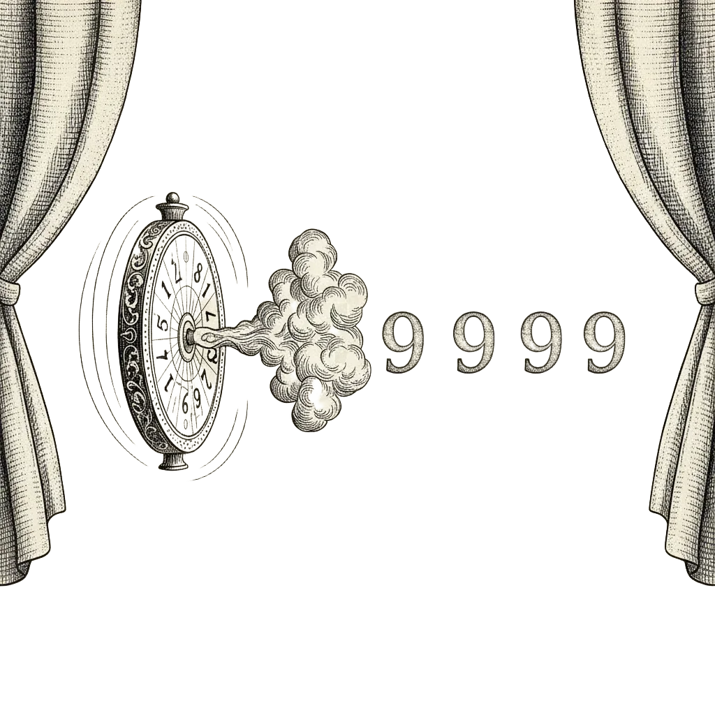 The turning digit wheel suddenly freezes in a puff of stage smoke, replaced by a gleaming row of six 9s