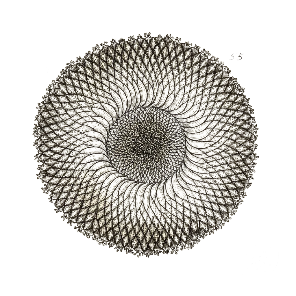 A detailed close-up of a sunflower head with seed spirals highlighted in two colours, clockwise and anticlockwise, labeled 34 and 55; an inset diagram shows seeds placed one by one each turned 137.5 degrees, building the spiral