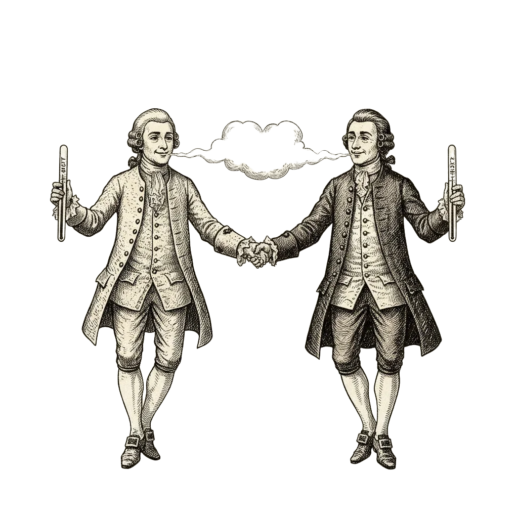Fahrenheit and Celsius as friendly figures from different centuries, standing in the snow side by side, each holding a thermometer reading −40, shaking gloved hands, their breath forming one shared cloud