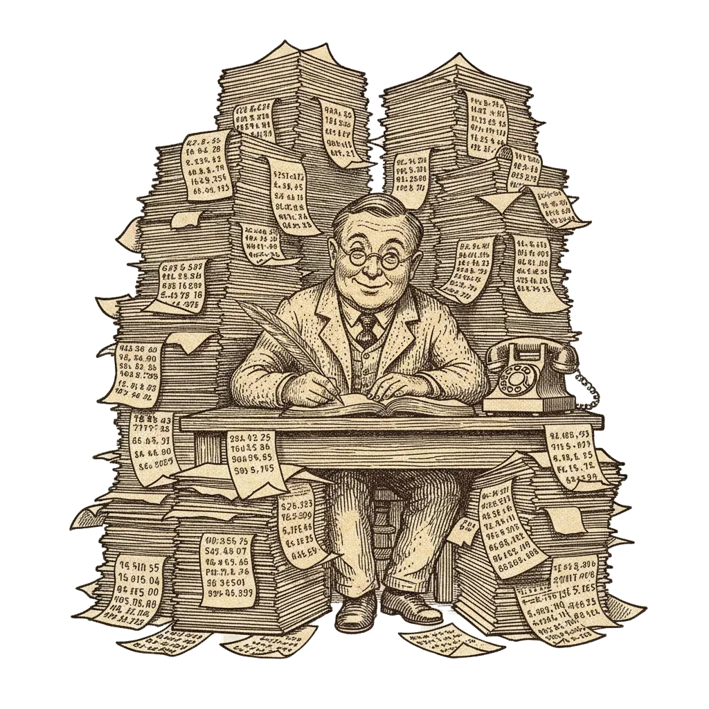 Ink illustration of a person surrounded by towering stacks of paper with number chains, a phone on the desk not ringing