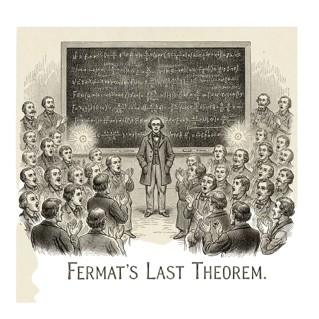 A packed lecture hall of mathematicians, a quiet bespectacled man at a blackboard covered in equations, faces breaking into astonished applause